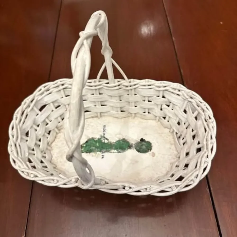 Vintage White Wicker Woven Basket with Wood Bottom